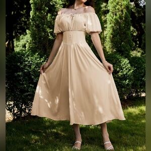 Scarlet Darkness Elegant Cream Puffy Off-Shoulder Dress maxi Cottagecore Dress